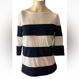 ANN TAYLOR Size M  Navy Blue White Striped Knit Top 3/4 Sleeve  Nautical